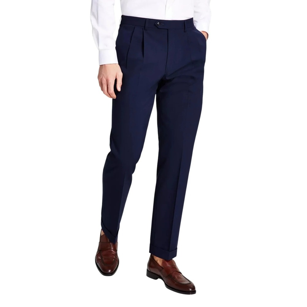Michael Kors Mens Classic fit Pleated Dress Pants 36x34 Blue Solid Cuffs